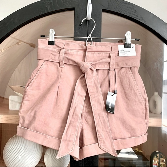 Express Dusty Rose Pink Tie-Front Paperbag Waist Super High Waisted Shorts - Picture 3 of 12